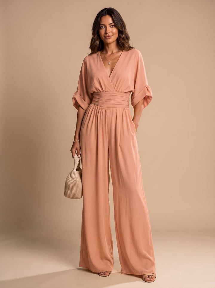 Women's Retro Wide-Leg V-Neck Wrap Jumpsuit - Pink