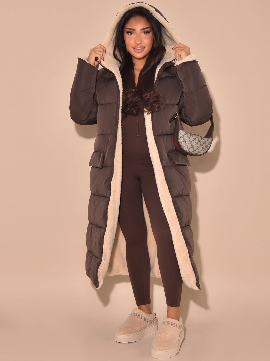 Women's Reversible Quilted Longline Hooded Puffer Coat - Brown