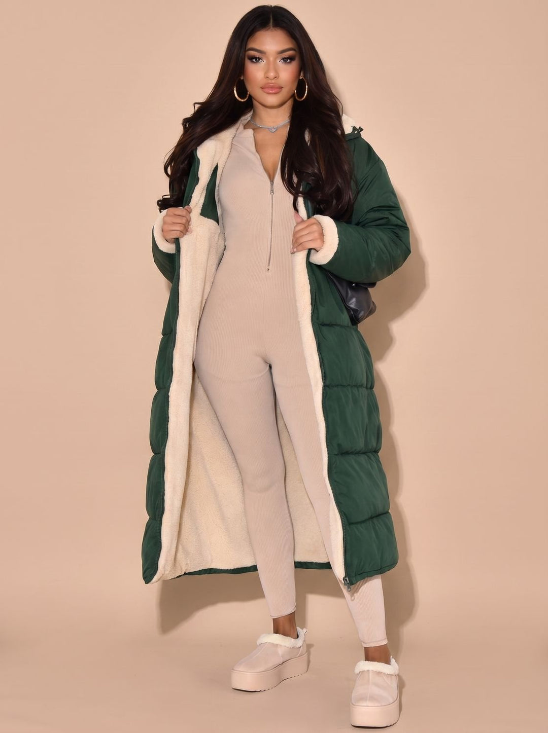 Women's Reversible Quilted Longline Hooded Puffer Coat - Green