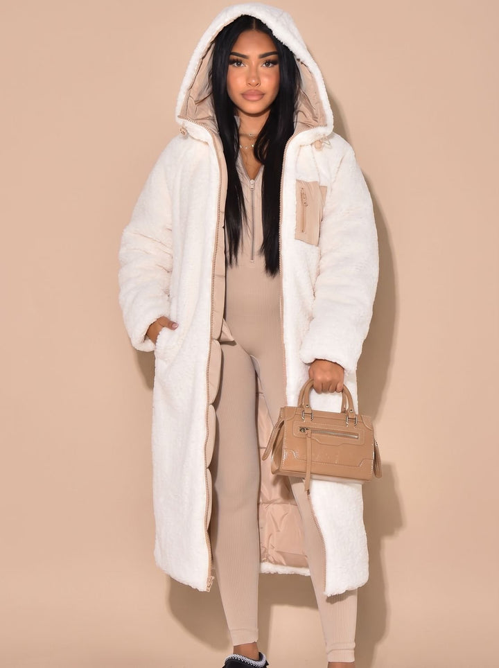 Women's Reversible Quilted Longline Hooded Puffer Coat - White