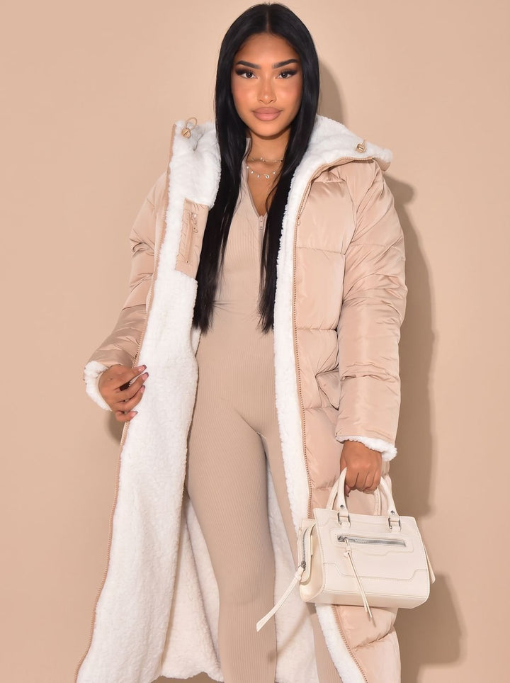 Women's Reversible Quilted Longline Hooded Puffer Coat - Beige