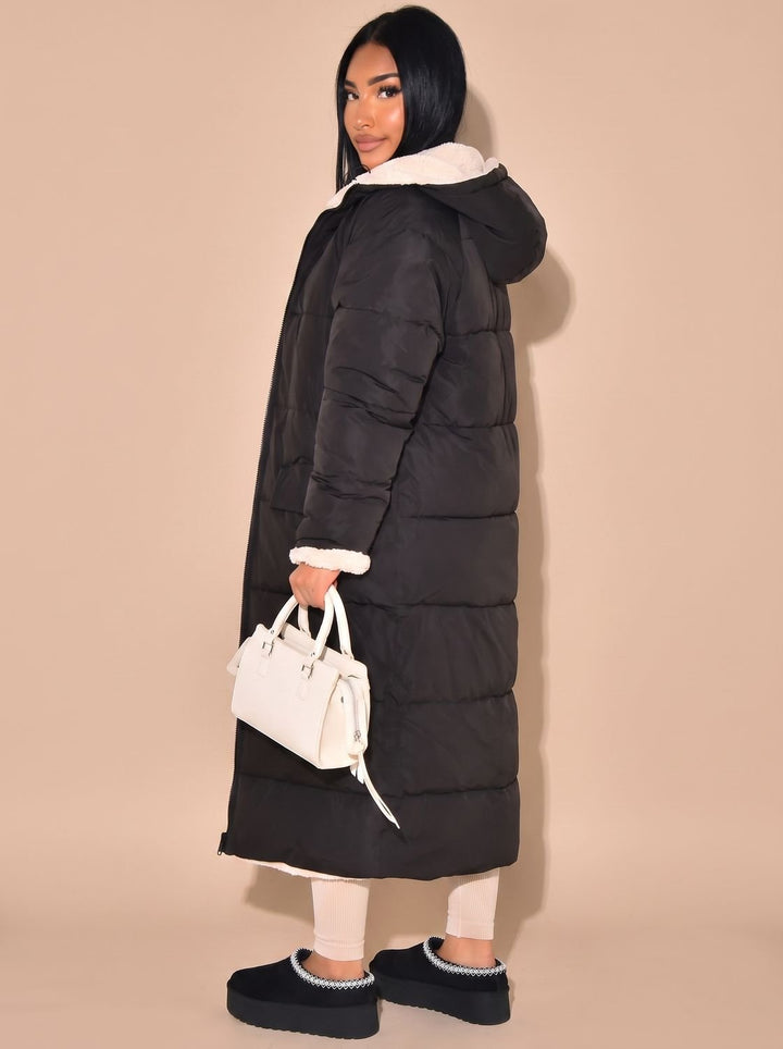 Women's Reversible Quilted Longline Hooded Puffer Coat