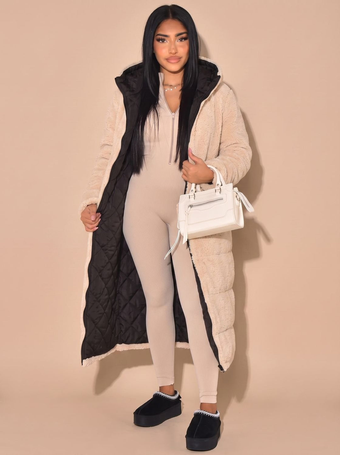 Women's Reversible Quilted Longline Hooded Puffer Coat