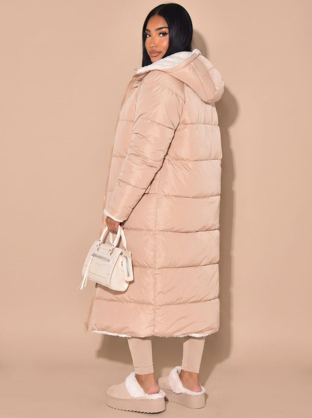 Women's Reversible Quilted Longline Hooded Puffer Coat