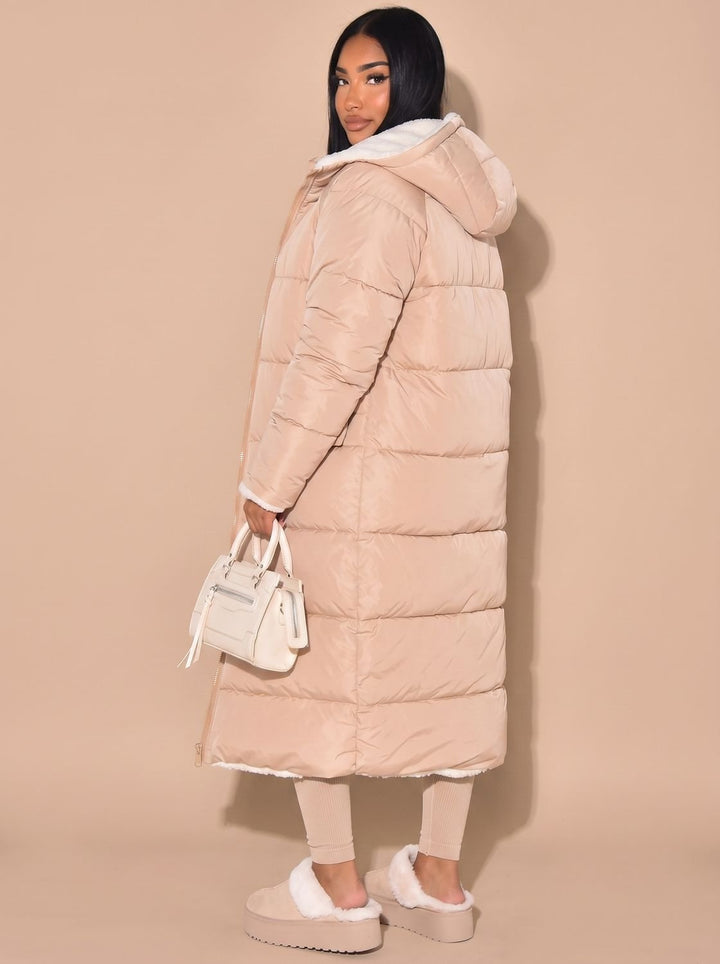 Women's Reversible Quilted Longline Hooded Puffer Coat