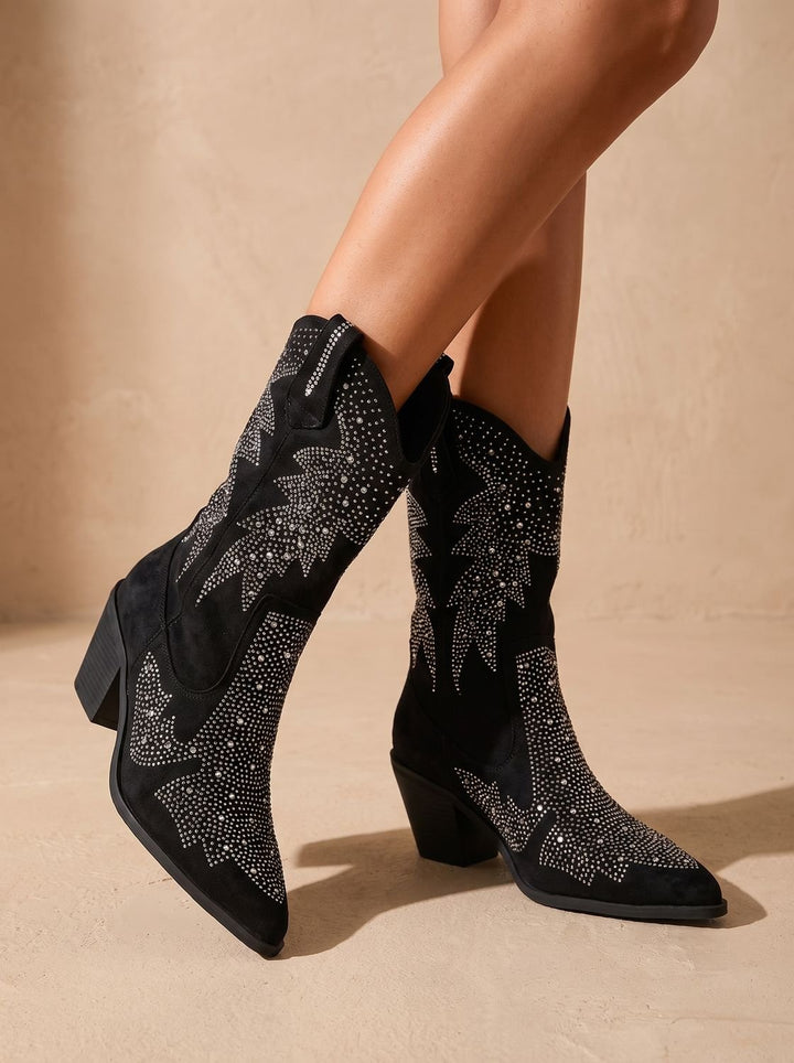 Women's Rhinestone Block-Heel Pointed-Toe Cowboy Boots