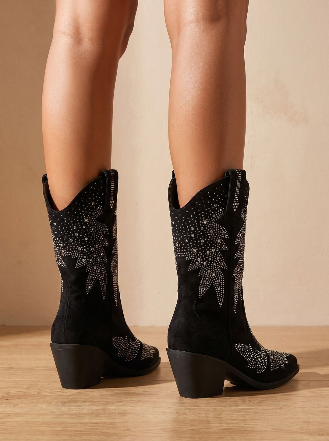 Women's Rhinestone Block-Heel Pointed-Toe Cowboy Boots