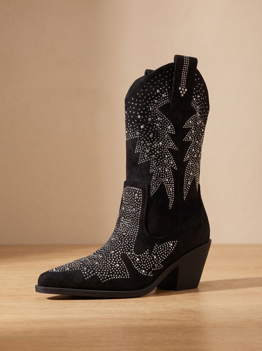 Women's Rhinestone Block-Heel Pointed-Toe Cowboy Boots - Black