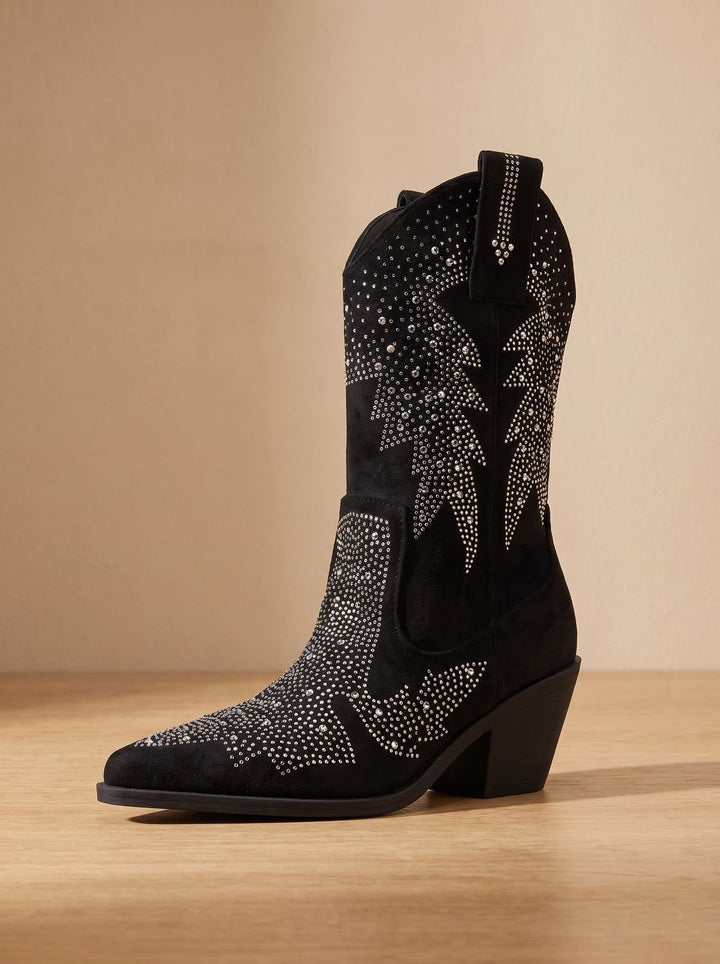 Women's Rhinestone Block-Heel Pointed-Toe Cowboy Boots - Black
