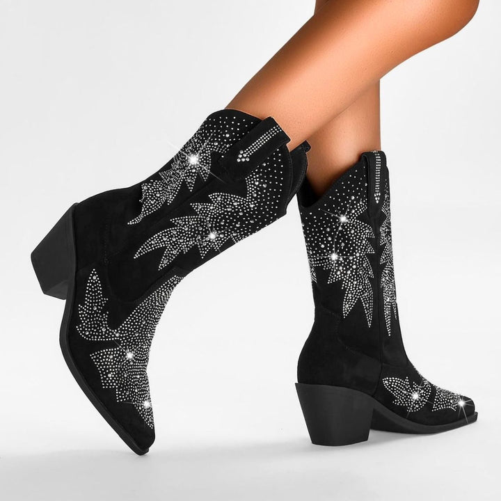 Women's Rhinestone Embellished Block-Heel Western Boots