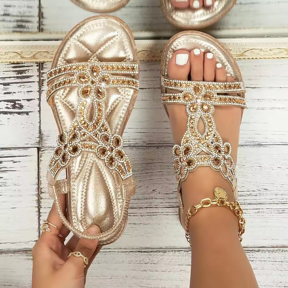 Women's Rhinestone Embellished Boho Orthopedic Flat Sandals - Goud