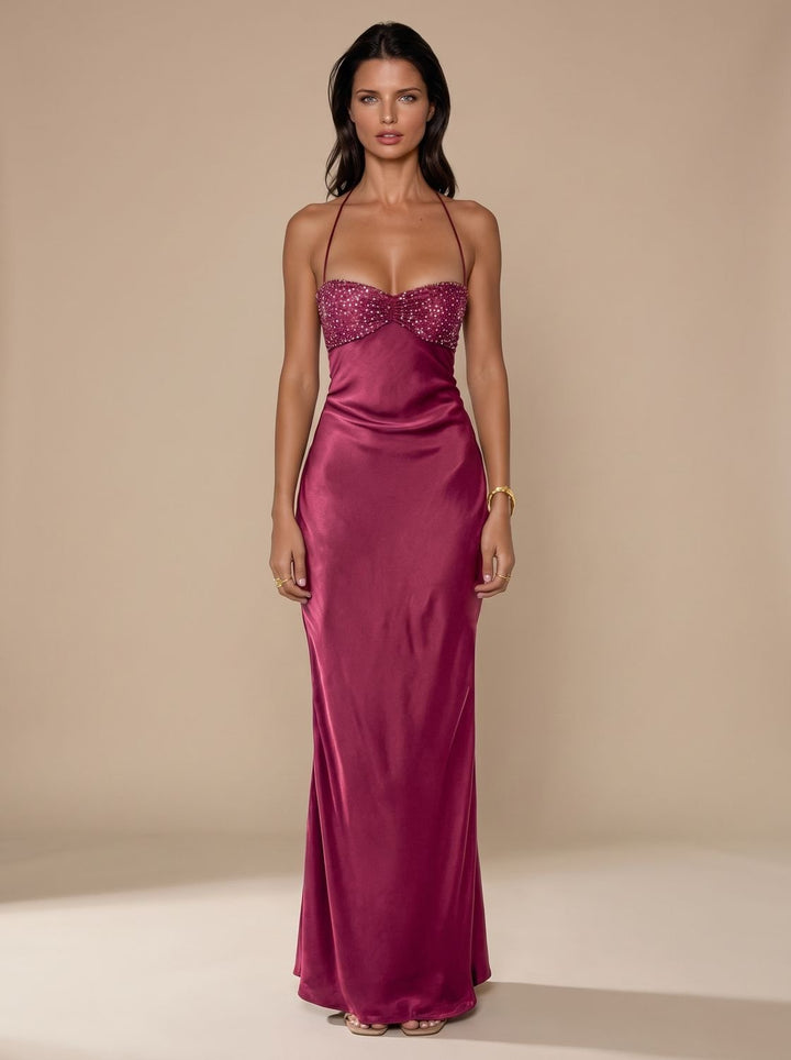 Women's Rhinestone-Embellished Halter-Neck Satin Maxi Gown - Violet