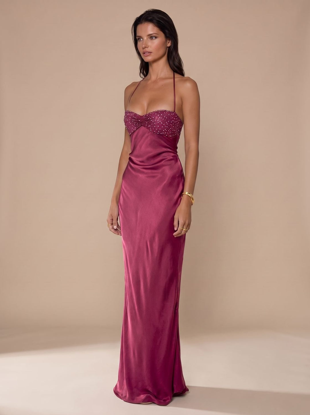 Women's Rhinestone-Embellished Halter-Neck Satin Maxi Gown