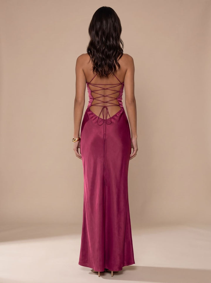Women's Rhinestone-Embellished Halter-Neck Satin Maxi Gown