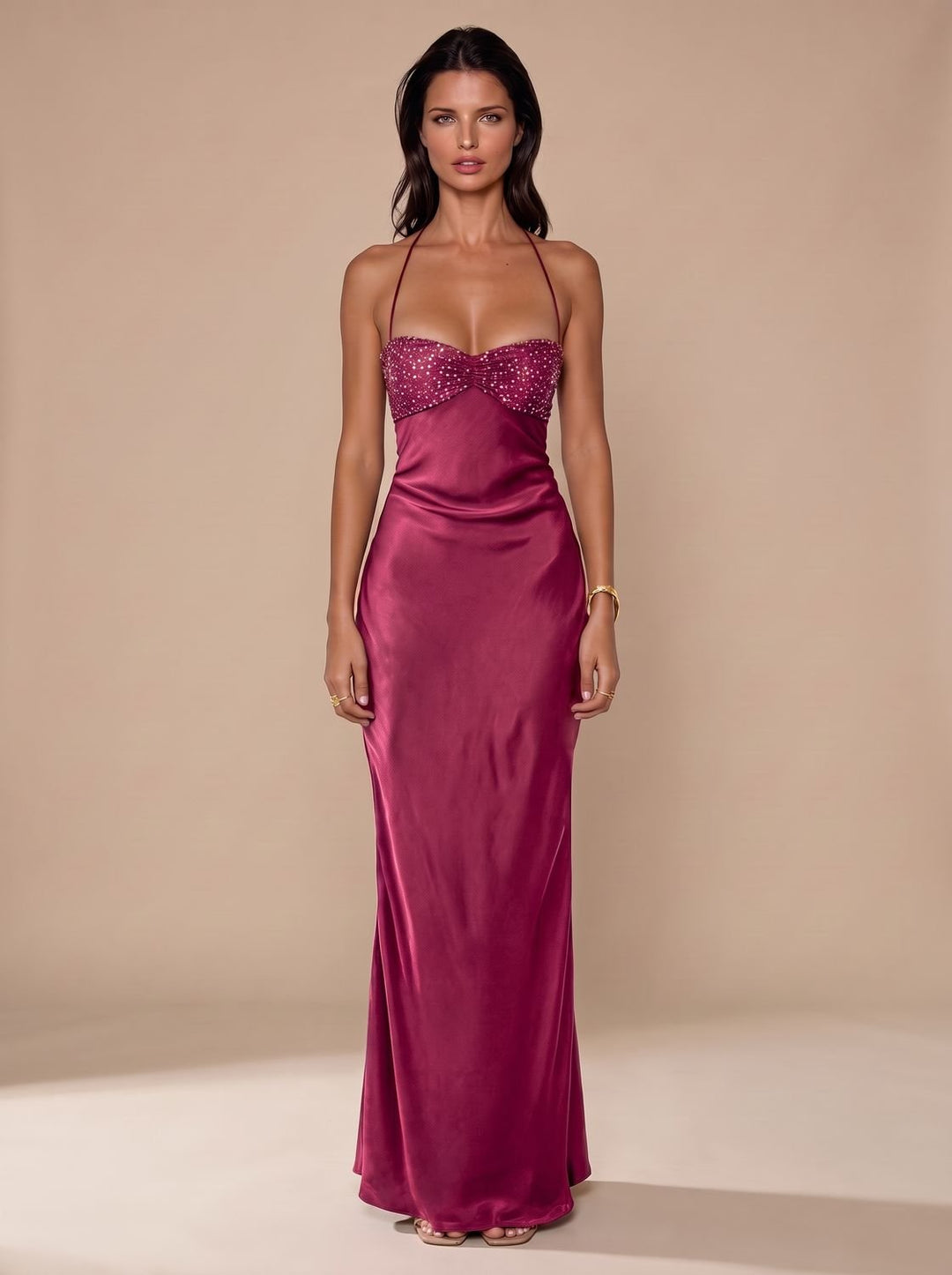 Women's Rhinestone-Embellished Halter-Neck Satin Maxi Gown