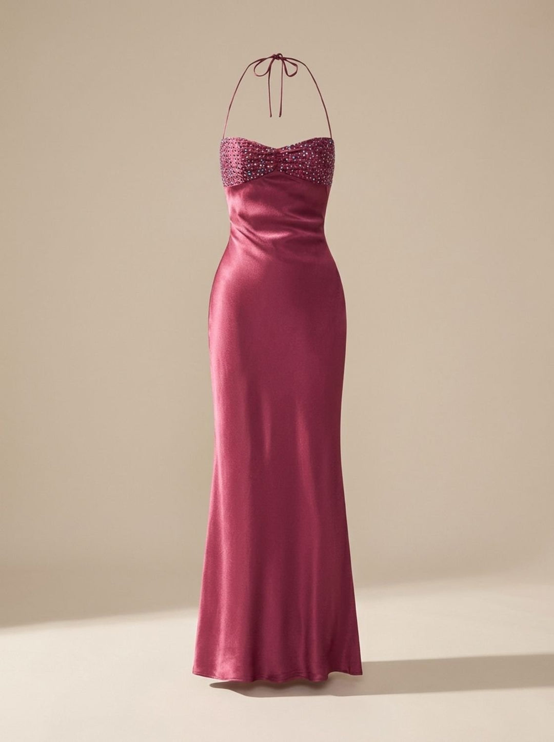 Women's Rhinestone-Embellished Halter-Neck Satin Maxi Gown