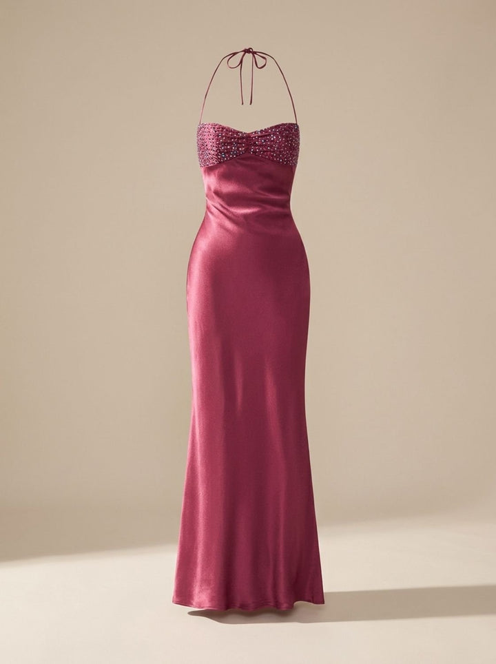 Women's Rhinestone-Embellished Halter-Neck Satin Maxi Gown