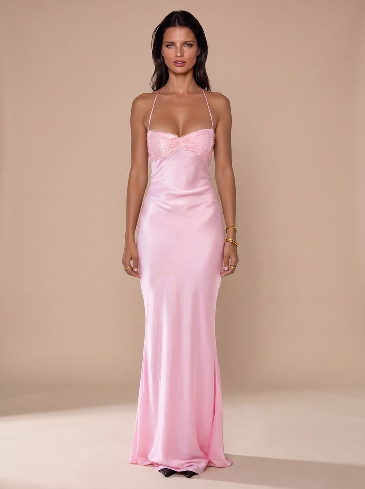 Women's Rhinestone-Embellished Halter-Neck Satin Maxi Gown - Light Pink Rose