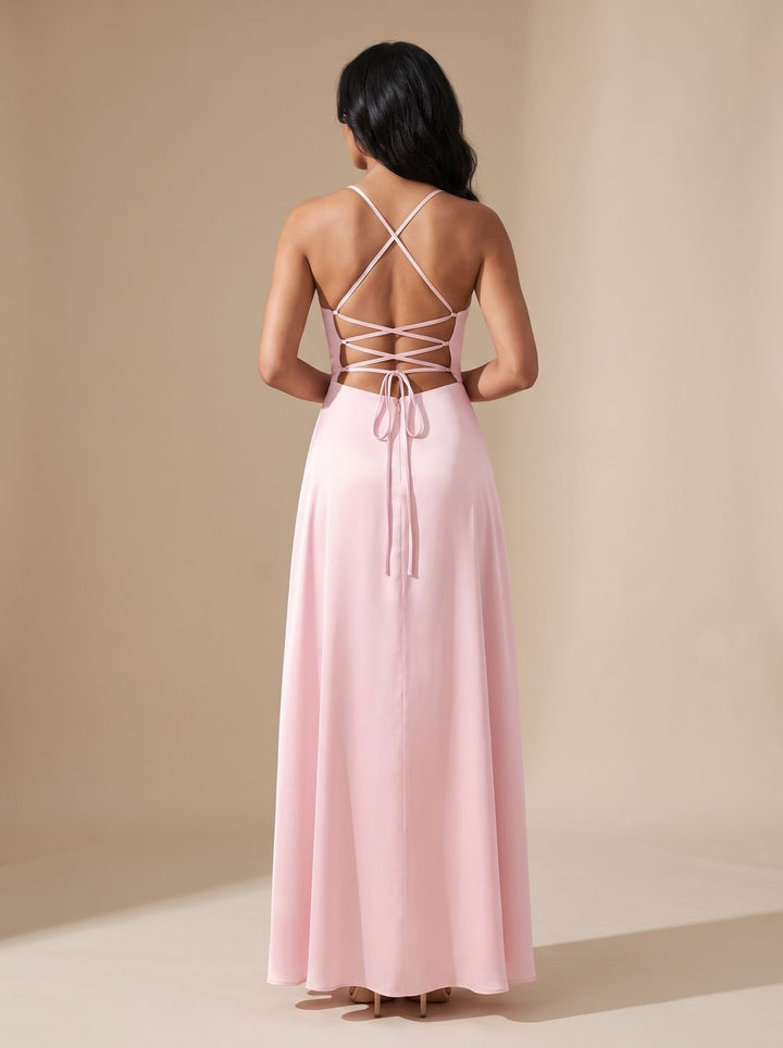 Women's Rhinestone-Embellished Halter-Neck Satin Maxi Gown