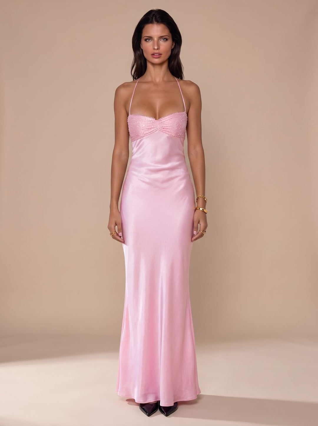 Women's Rhinestone-Embellished Halter-Neck Satin Maxi Gown