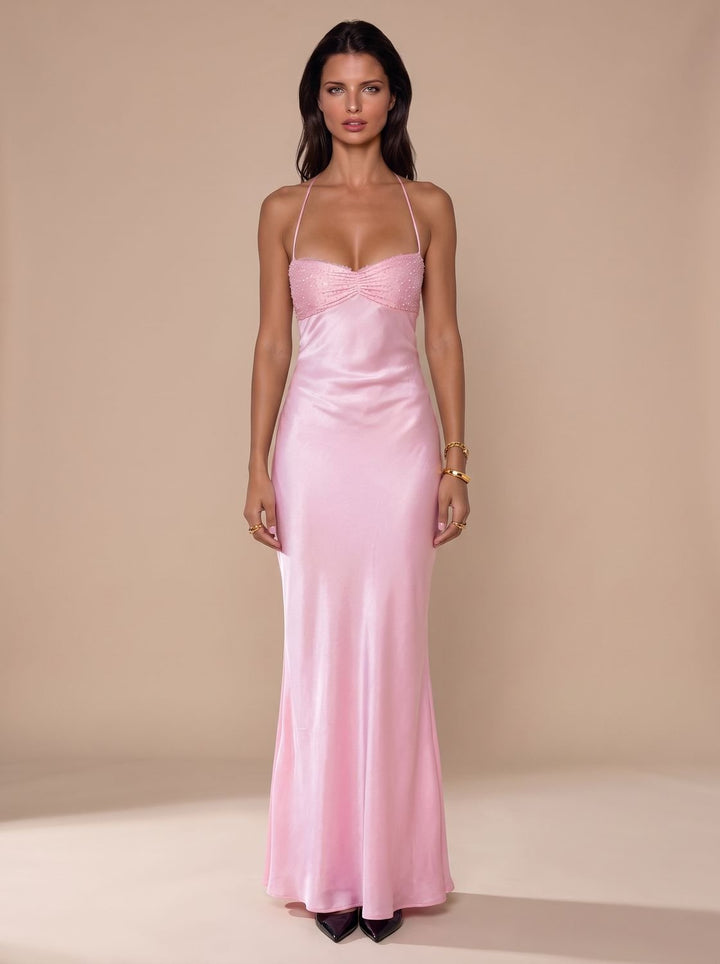 Women's Rhinestone-Embellished Halter-Neck Satin Maxi Gown