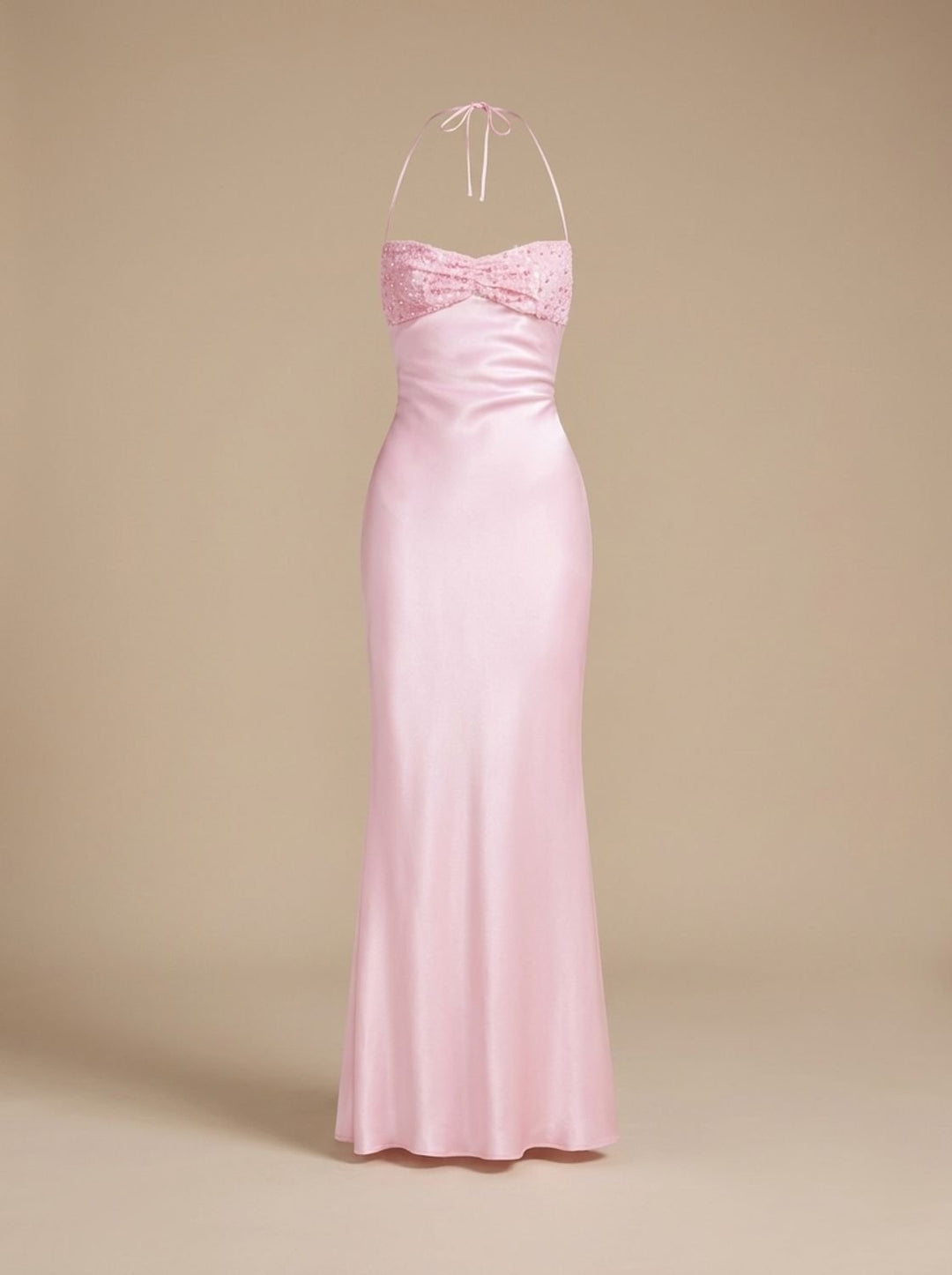 Women's Rhinestone-Embellished Halter-Neck Satin Maxi Gown