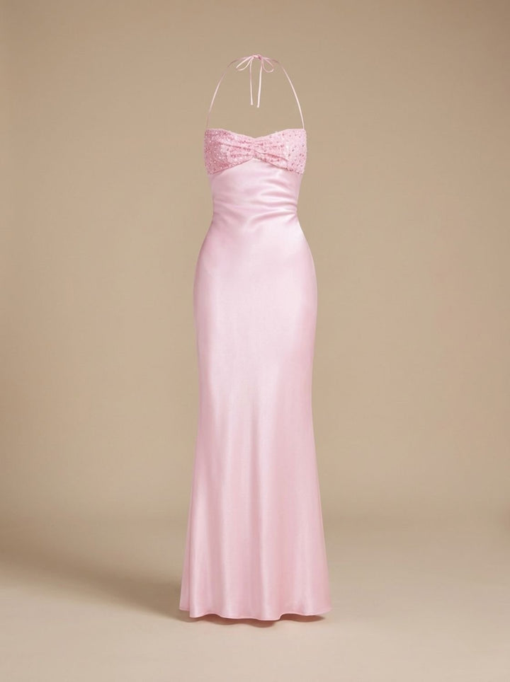 Women's Rhinestone-Embellished Halter-Neck Satin Maxi Gown