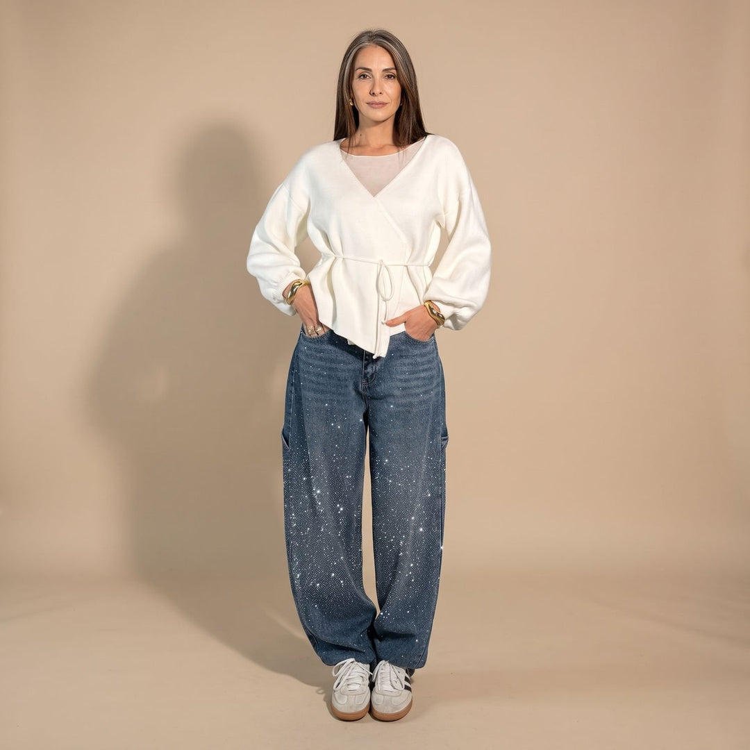Women's Rhinestone Embellished Relaxed Straight-Leg Cargo Jeans - Dark Blue