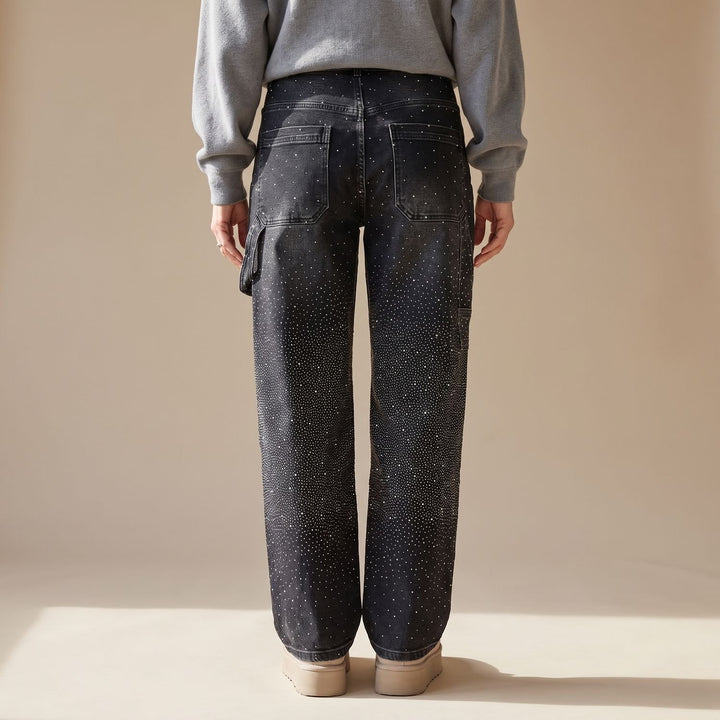 Women's Rhinestone Embellished Relaxed Straight-Leg Cargo Jeans