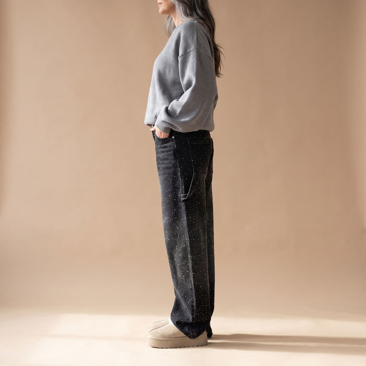 Women's Rhinestone Embellished Relaxed Straight-Leg Cargo Jeans