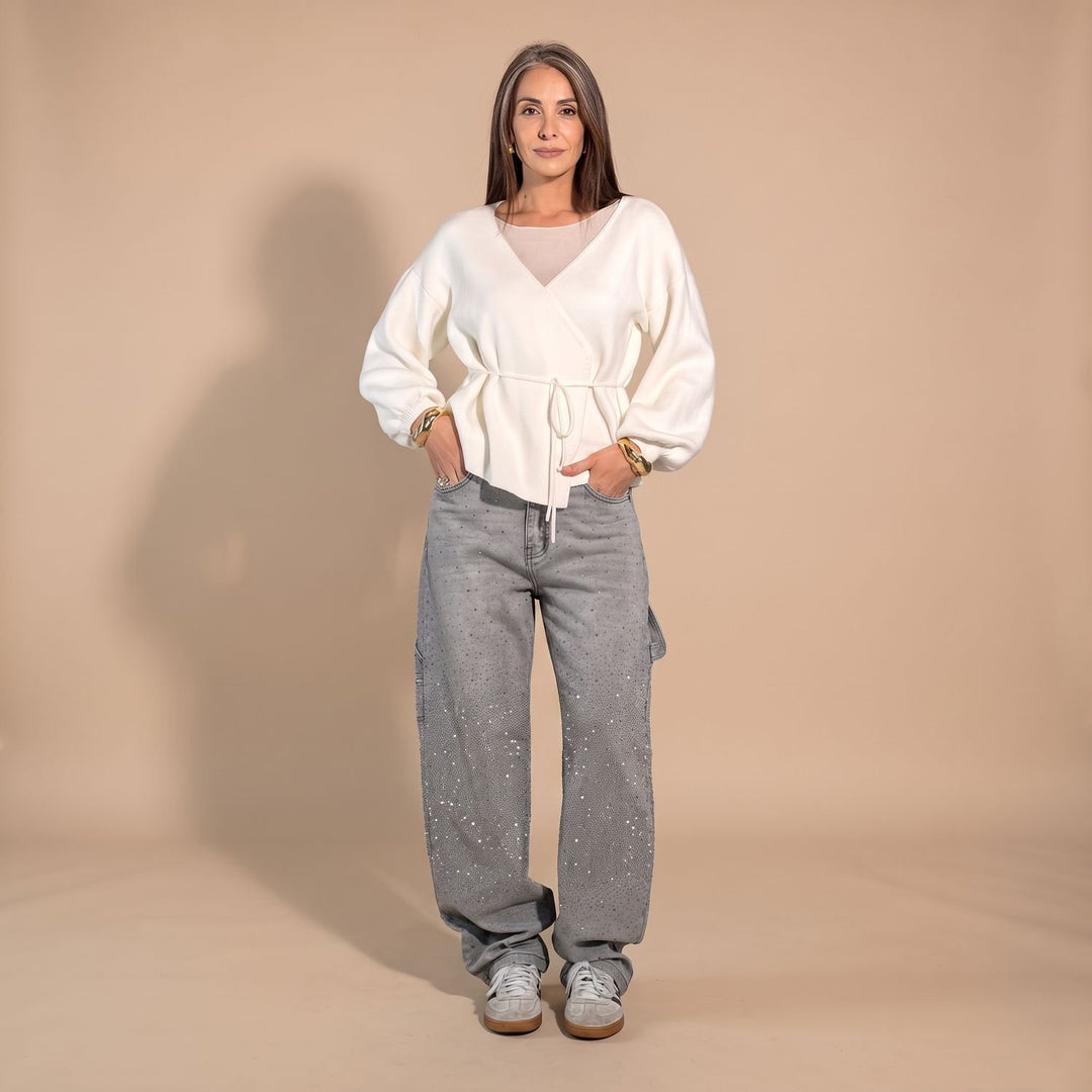 Women's Rhinestone Embellished Relaxed Straight-Leg Cargo Jeans - Gray