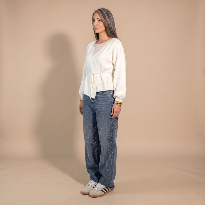Women's Rhinestone Embellished Relaxed Straight-Leg Cargo Jeans