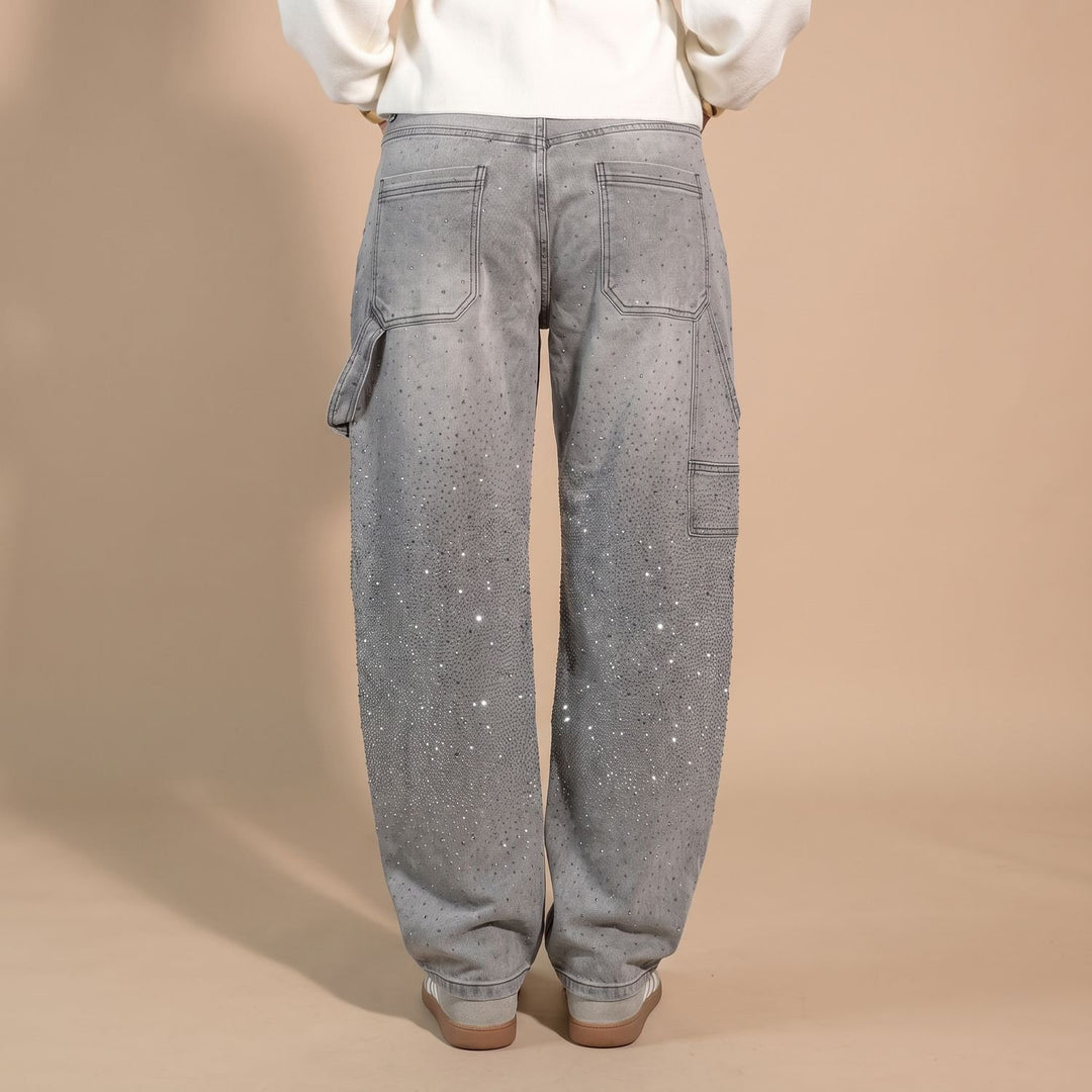 Women's Rhinestone Embellished Relaxed Straight-Leg Cargo Jeans