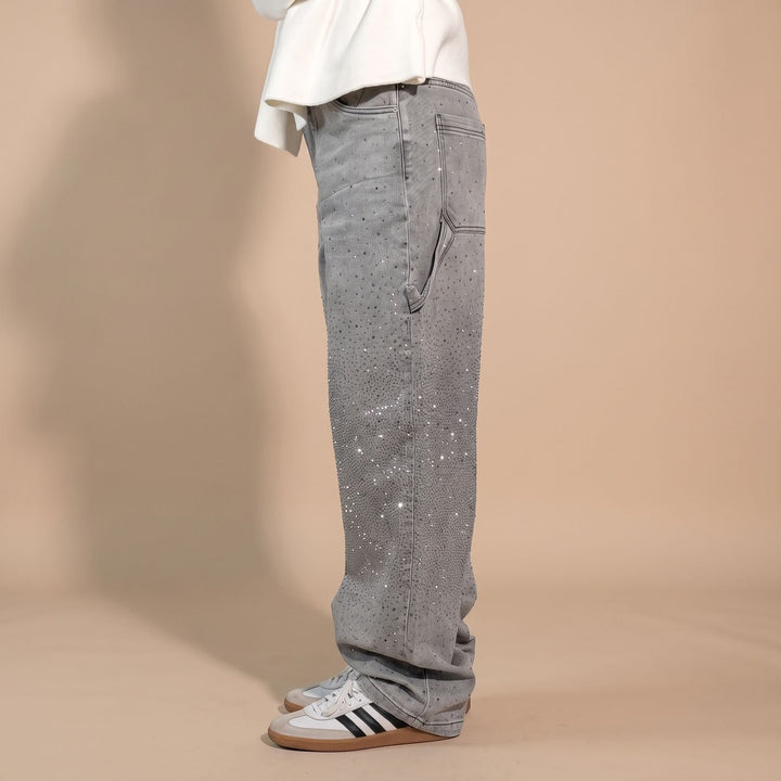 Women's Rhinestone Embellished Relaxed Straight-Leg Cargo Jeans