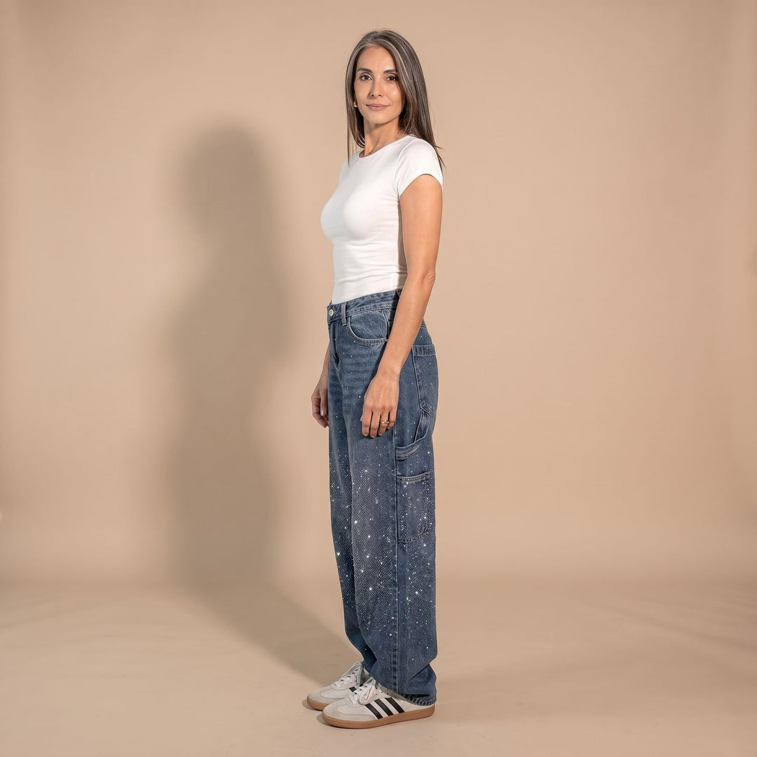 Women's Rhinestone Embellished Relaxed Straight-Leg Cargo Jeans
