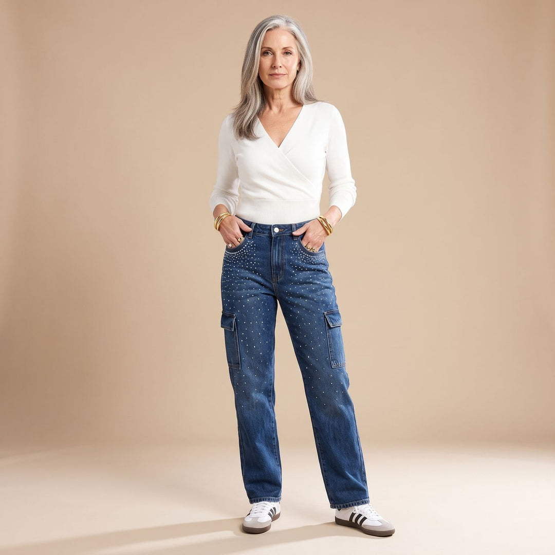 Women's Rhinestone Embellished Relaxed Straight-Leg Cargo Jeans
