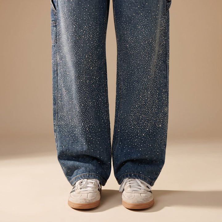 Women's Rhinestone Embellished Relaxed Straight-Leg Cargo Jeans