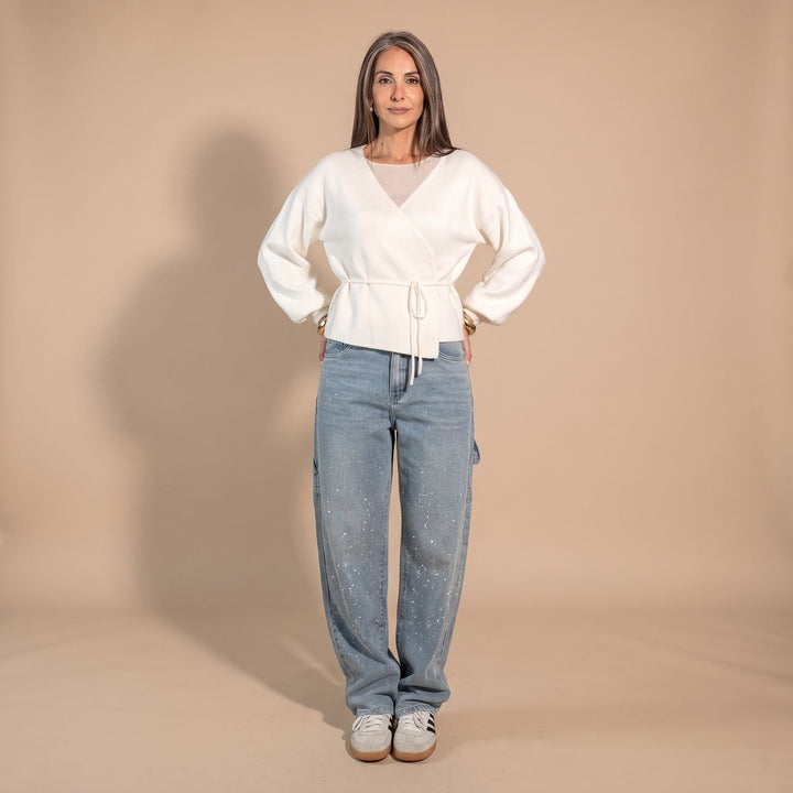 Women's Rhinestone Embellished Relaxed Straight-Leg Cargo Jeans - Light Blue