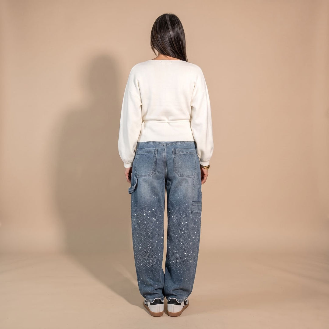 Women's Rhinestone Embellished Relaxed Straight-Leg Cargo Jeans