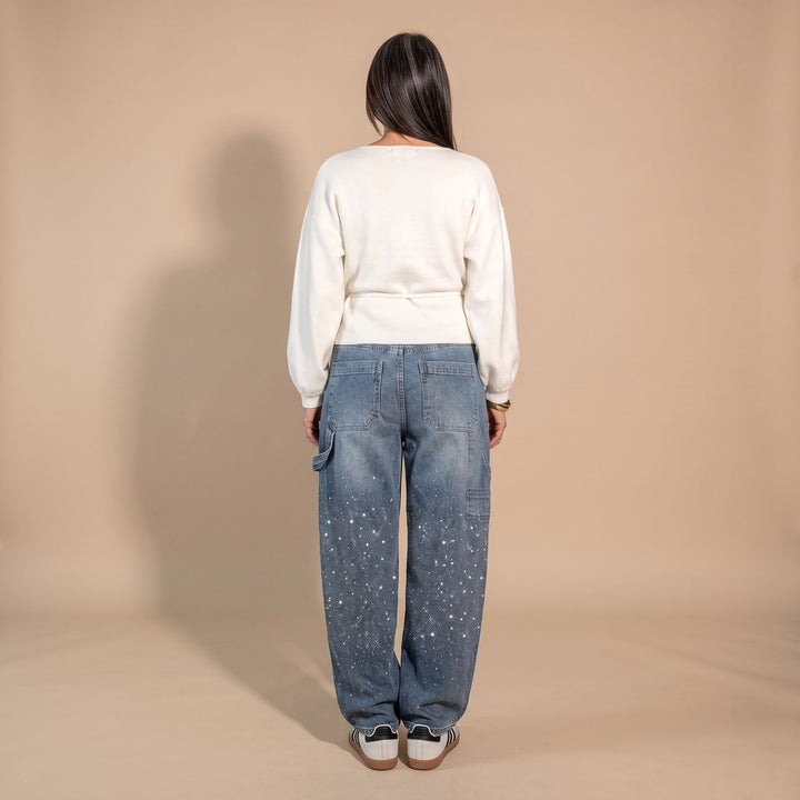 Women's Rhinestone Embellished Relaxed Straight-Leg Cargo Jeans