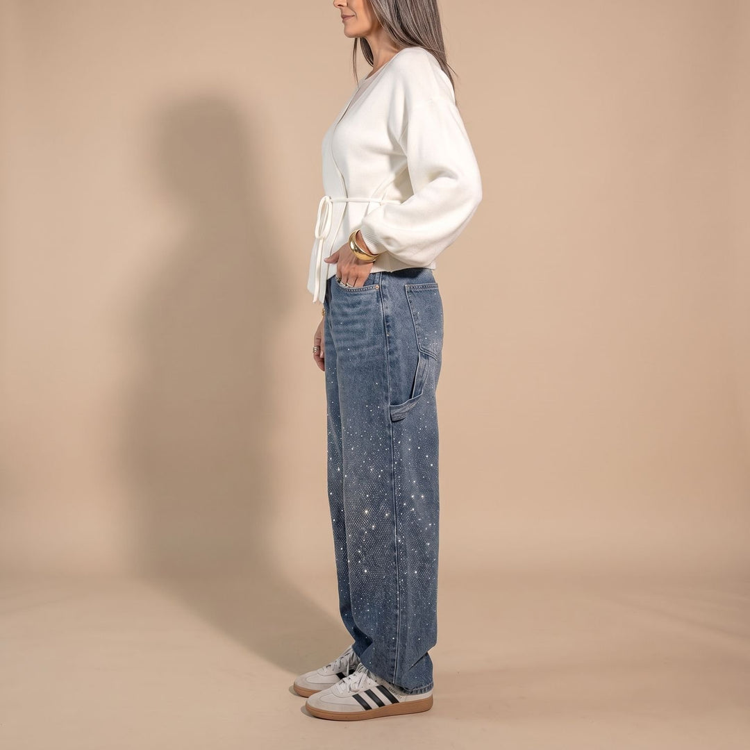 Women's Rhinestone Embellished Relaxed Straight-Leg Cargo Jeans