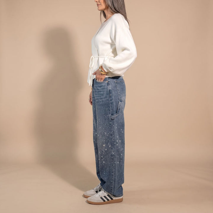 Women's Rhinestone Embellished Relaxed Straight-Leg Cargo Jeans