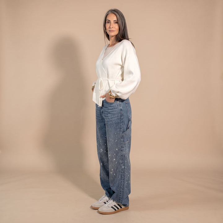 Women's Rhinestone Embellished Relaxed Straight-Leg Cargo Jeans