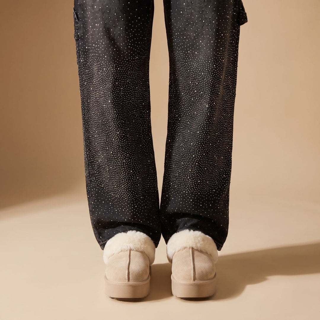Women's Rhinestone Embellished Relaxed Straight-Leg Cargo Jeans - Black