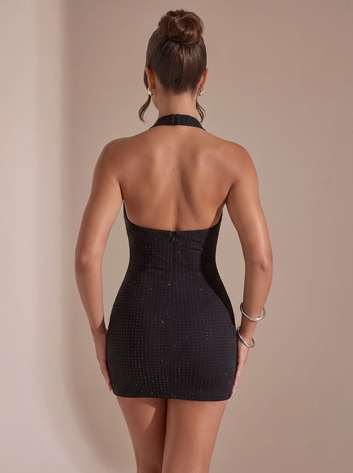 Women's Rhinestone Halter Cowl-Neck Backless Mini Christmas Party Dress