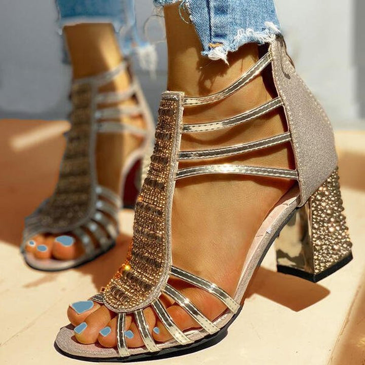 Women's Rhinestone Strappy Block Heel Comfortable Sandals - Gold