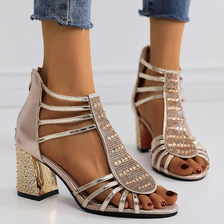 Women's Rhinestone Strappy Block Heel Comfortable Sandals