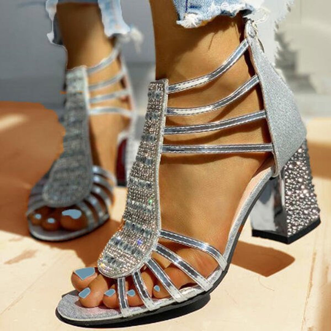 Women's Rhinestone Strappy Block Heel Comfortable Sandals - Silver