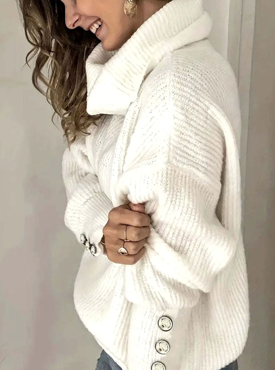 Women's Ribbed Cowl Neck Sweater Button-Cuff Long Sleeve Pullover