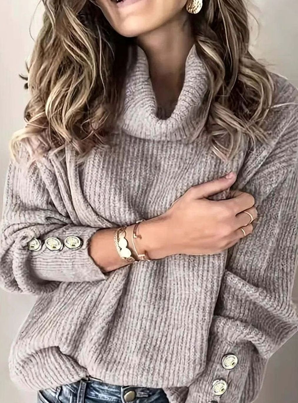 Women's Ribbed Cowl Neck Sweater Button-Cuff Long Sleeve Pullover - Grey